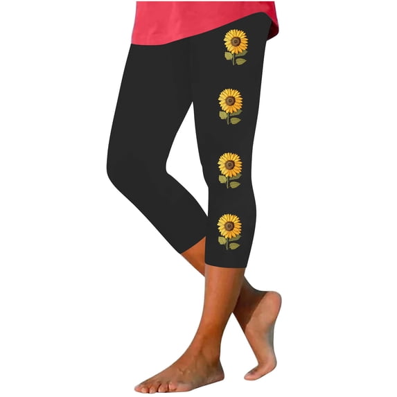 ATENAR Womens Yoga Pants, Floral Print High Waist Cropped Pants Women Black L