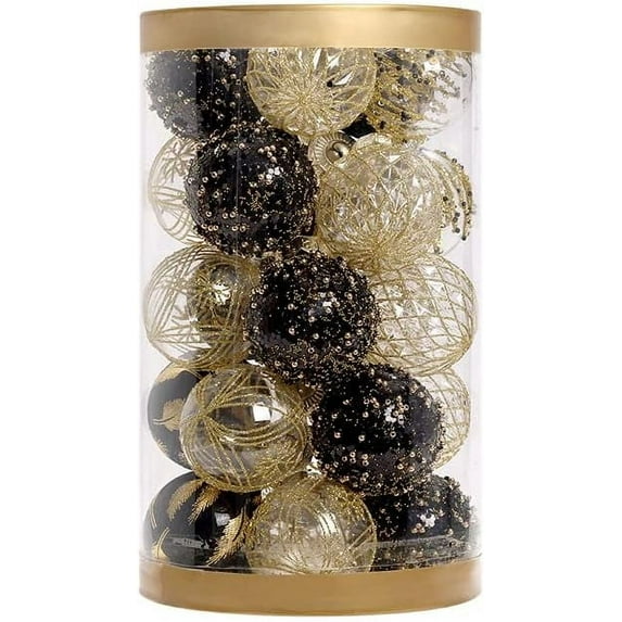 ATENOW 25Pcs 2.36 Inch Christmas Balls Ornaments for Xmas Christmas Tree Decor, Shatterproof Christmas Tree Decorations Hanging Baubles for Holiday Wedding Party, Black & Gold