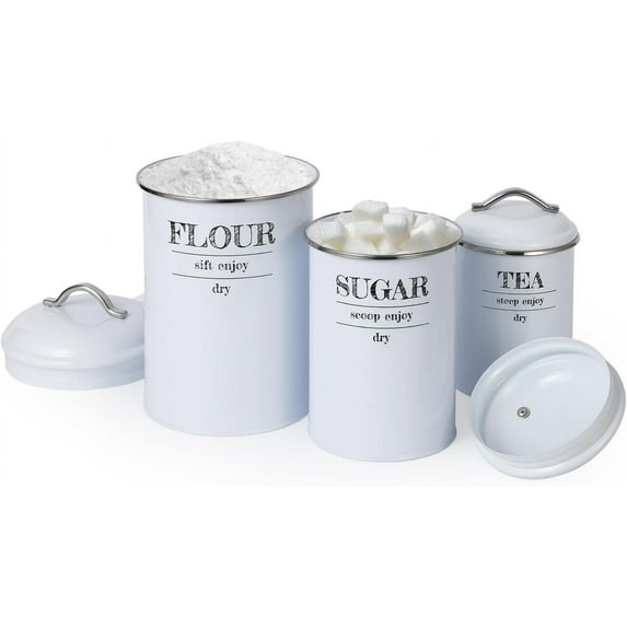 ATENOW 3-Pack Large Flour Sugar Tea Canisters, Airtight Canisters Organizer with Airtight Lids, Rustic Farmhouse Food Storage Containers for Kitchen Countertop Decor