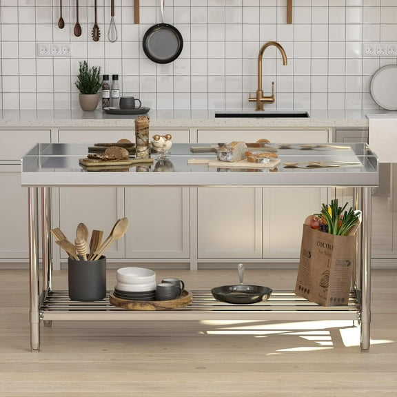 ATENOW 48 x 24 Inch Stainless Steel Work Table, Commercial Prep Heavy-Duty Stainless Steel Kitchen Island with Backsplash and Undershelf, for Kitchen Restaurant Home and Hotel
