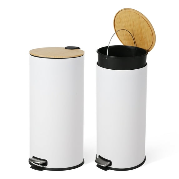 ATENOW 8 Gallon Step Trash Can with Soft-Close Bamboo Lid, Stainless Steel Garbage Can with Removable Inner Bucket, 30L Round Trash Bin, Perfect for Kitchen, Bathroom, Living Room