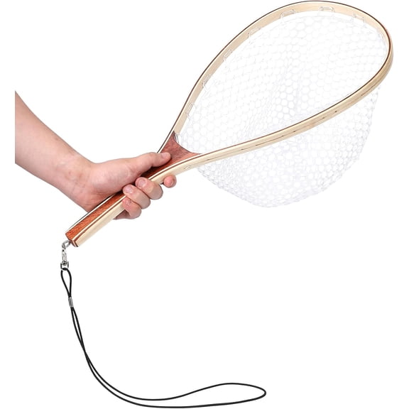 ATENOW Fly Fishing Landing Net Trout Fishing Net, Soft Rubber Catch and Release Fish Net with Wooden Handle Frame, 61.2*27.3*1.8cm