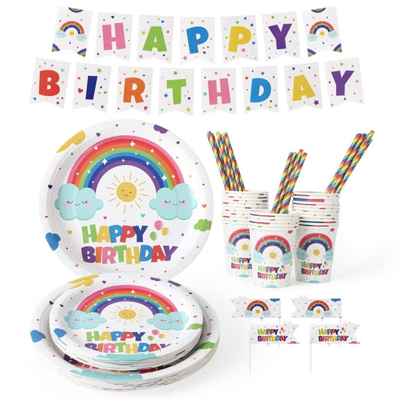 ATENOW Happy Birthday Party Supplies Set, Includes Disposable Paper Birthday Plates, Cups, Straws, Cupcake Toppers, Hats and Banner for Boys/Girls, Serves 25