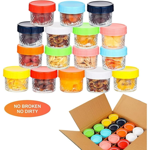 ATENOW Small Mason Jars with Lids 4oz (16 Pack), Glass Canning Jars With Plastic Lids, Spice Jars, Jelly Jars, Glass Jars for Overnight Oats, Jam, Jelly, Honey, Beans, Spice