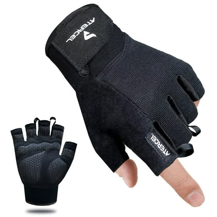 ATERCEL Anti-Slip Ventilated Men and Women Half Finger Fabric Black Weight Lifting Gloves, M