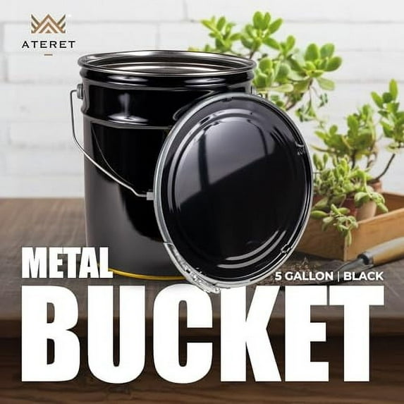 ATERET 5 Gallon Black Metal Bucket & Lever Lock Pail Lid - 3 Pack - Heavy Duty Durable Pails and Lids for Outdoor and Household Use