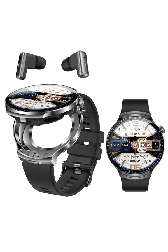 Smart Watch with Bluetooth Earbuds, 1.85-Inch Round HD Screen, Military Style, IP67 Waterproof, 100+ Sports Modes, Heart Rate Monitor, Sleep Tracker, Music Control