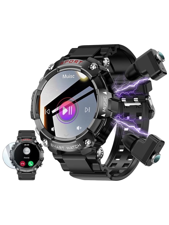 Smart Watch with Earbuds,1.52" HD Screen Smartwatch for Men, for android phones,Rugged Military Bluetooth Call Fitness Tracker,Sleep Monitor,Heart Rate