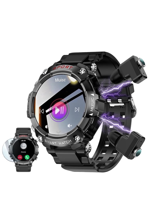 Smart Watch with Earbuds,1.52" HD Screen Smartwatch for Men, for android phones,Rugged Military Bluetooth Call Fitness Tracker,Sleep Monitor,Heart Rate
