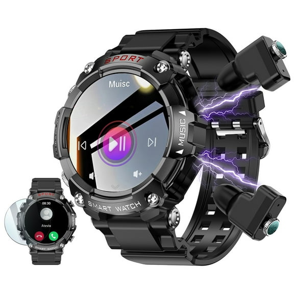 ATEVIX Smart Watch with Earbuds, 1.52" HD Screen Smartwatch for Men, Rugged Military Bluetooth Call Fitness Tracker,3 in 1 Bluetooth Watch with Local Music,Sleep Monitor,Heart Rate
