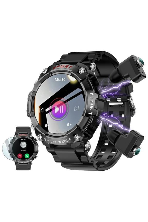Smart Watch with Earbuds, 1.52" HD Screen Smartwatch for Men, Rugged Military Bluetooth Call Fitness Tracker,3 in 1 Bluetooth Watch with Local Music,Sleep Monitor,Heart Rate
