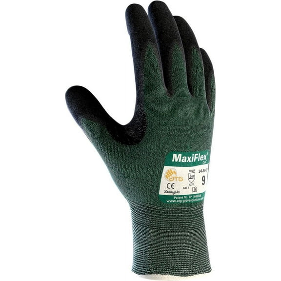 ATG 34-8443/XL Maxiflex Cut, Green Eng Yarn, Black Nitrile Dotted Microfoam Grip, A2 Green XL
