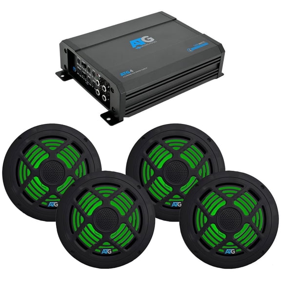 ATG Marine Audio Bundle - Includes 4 channel amplifier and two pairs of 8" RGB LED Black Speakers