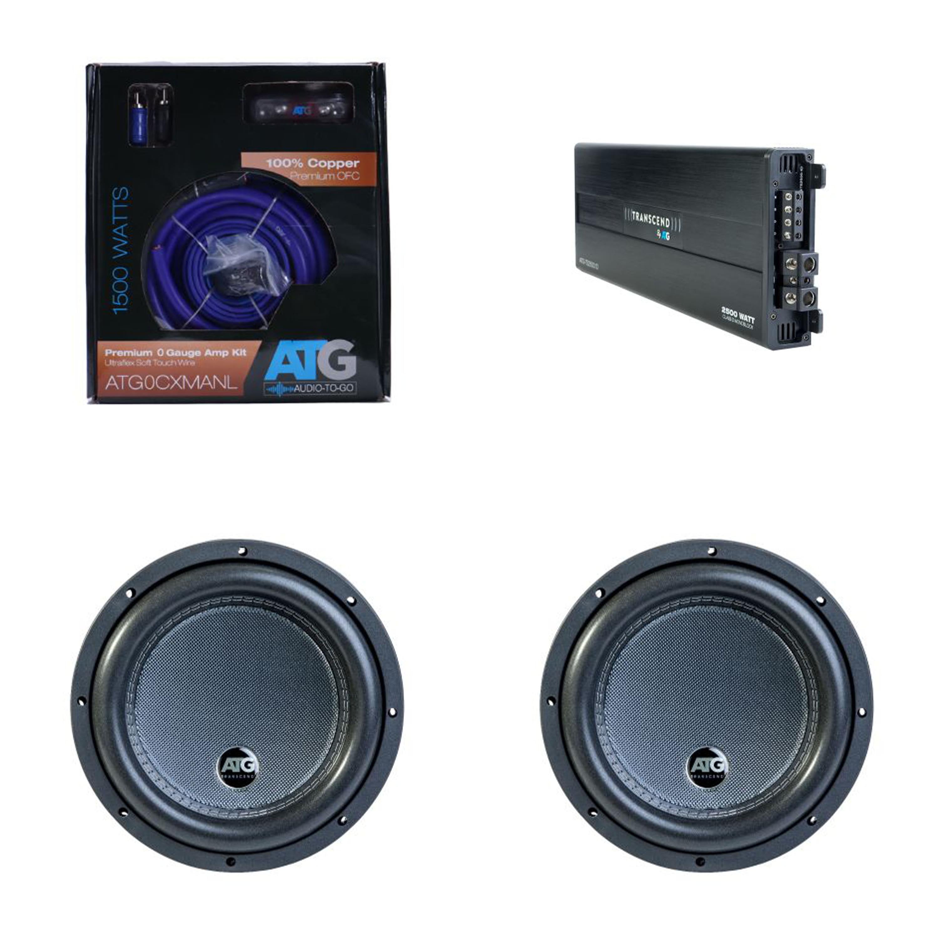 ATG Transcend Series 2500 Watt Class D Mono Amplifier with (2) 10" 4 Ohm DVC Subwoofers and 0 Gauge Amp Kit