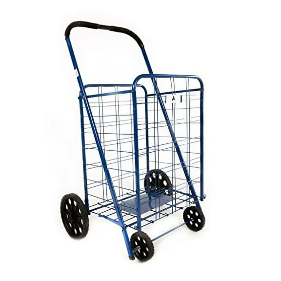ATH Large Deluxe Rolling Utility / Shopping Cart - Stowable Folding Heavy Duty Cart with Rubber Wheels For Haul Laundry, Groceries, Toys, Sports Equipment, (Blue, XL)
