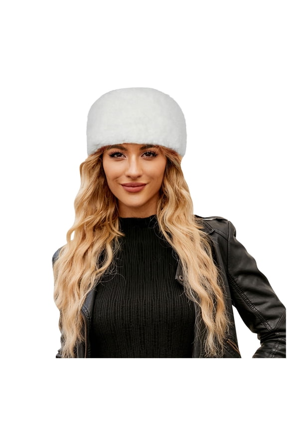 ATHJRT Classic Cossack Hats for Women Fashion Solid Color Headwear Winter Warm Fuzzy Fleece Caps Fisherman Trawlers Toboggans Hat White Free Size