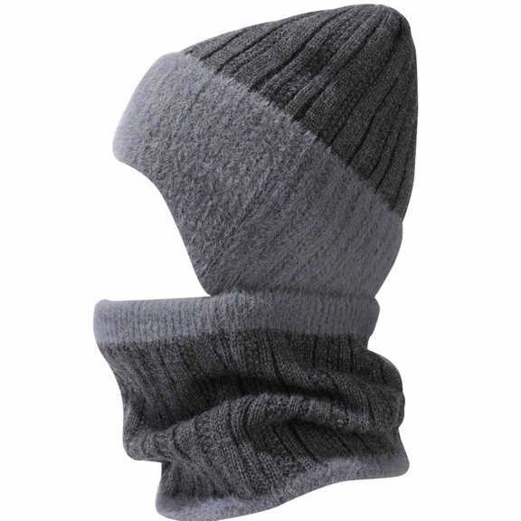ATHJRT Unisex Knit Beanie Hat Earflap Fuzzy Fleece Lined Caps Warm 2 in 1 Neck Face Cover Set Cold Weather Windproof Skullcaps Dark Gray Free Size