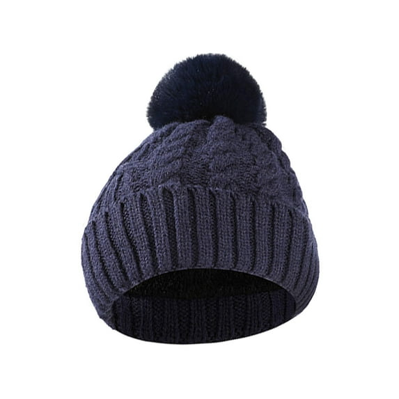 ATHJRT Winter Hats for Men Women Warm Cable Knit Beanie with Pompom Solid Color Stocking Cuffed Caps Outdoor Cycling Skiing Skullcap Navy Free Size