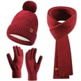 thumbnail image 1 of ATHJRT Winter Scarf Glove Beanie Set for Women Cable Knit Mitten Gloves Long Scarves Neck Warmer 3 Pieces Set Outdoor Snow Skiing Outfit Red#02 Free Size, 1 of 3
