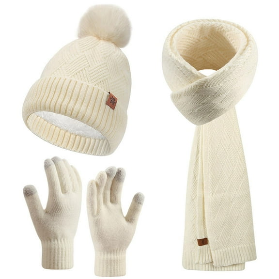ATHJRT Winter Scarf Glove Beanie Set for Women Cable Knit Mitten Gloves Long Scarves Neck Warmer 3 Pieces Set Outdoor Snow Skiing Outfit White#02 Free Size