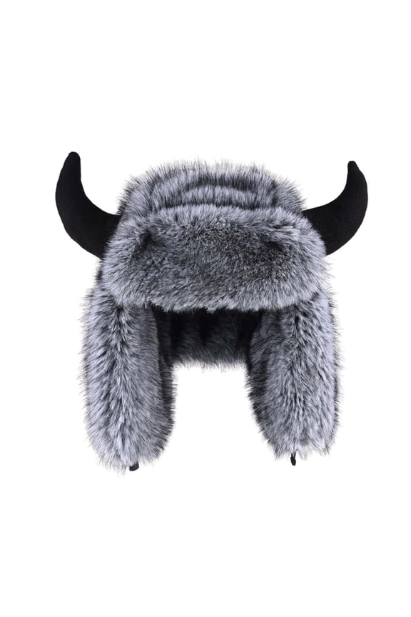 ATHJRT Winter Trapper Hat for Men Women Fashion Cute Thermal Fuzzy Fleece Earmuff Caps with Horn Outdoor Skiing Cycling Cap Gray Free Size
