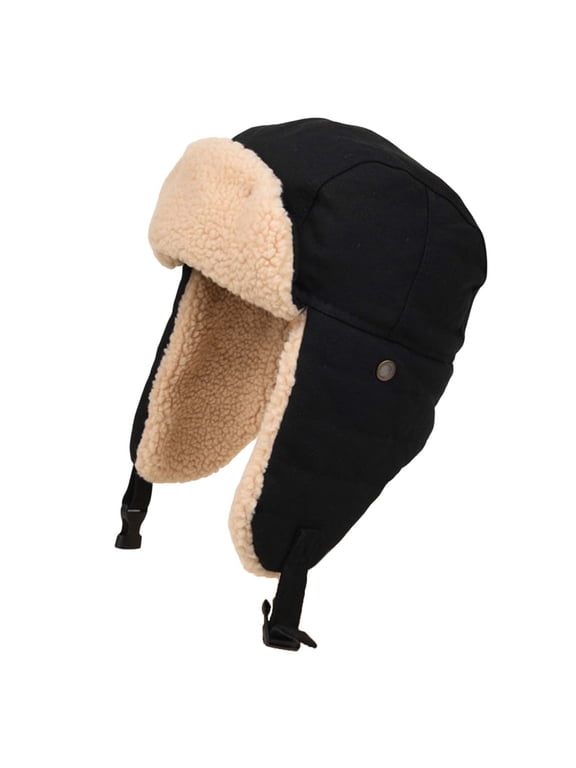 ATHJRT Winter Trapper Hats for Men Women Windproof Warm Sherpa Fleece Earmuff Trooper Hat with Buckle Outdoor Skiing Cycling Hat Black Free Size