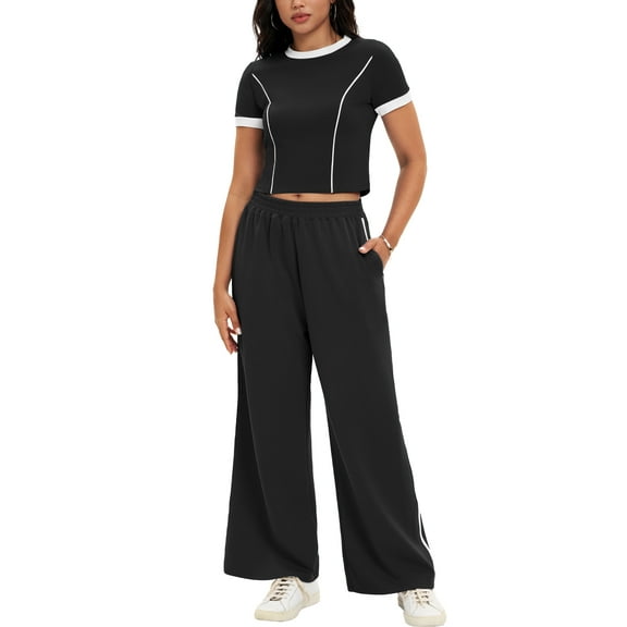 ATHLECHIC Women's 2 Piece Summer Short Sleeve Crew Neck Crop Tops Wide Leg Pants Sweatsuit Sets S Black