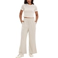 thumbnail image 1 of ATHLECHIC Women's 2 Piece Summer Short Sleeve Crew Neck Crop Tops Wide Leg Pants Sweatsuit Sets S Khaki, 1 of 5