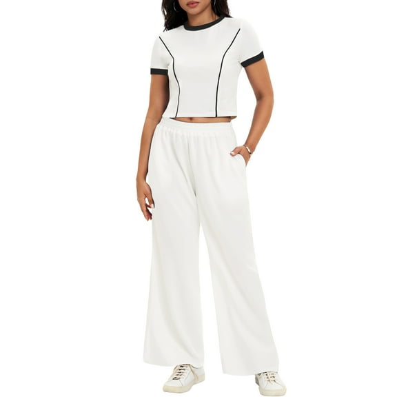 ATHLECHIC Women's 2 Piece Summer Short Sleeve Crew Neck Crop Tops Wide Leg Pants Sweatsuit Sets S White