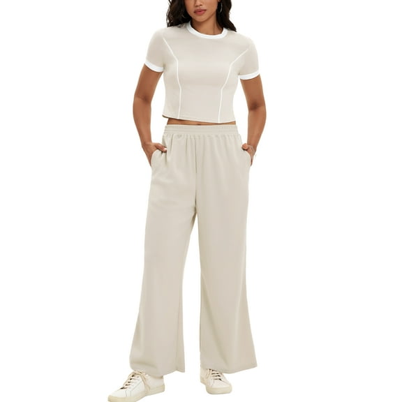 ATHLECHIC Women's 2 Piece Summer Short Sleeve Crew Neck Crop Tops Wide Leg Pants Sweatsuit Sets XL Khaki