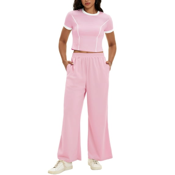 ATHLECHIC Women's 2 Piece Summer Short Sleeve Crew Neck Crop Tops Wide Leg Pants Sweatsuit Sets XL Pink