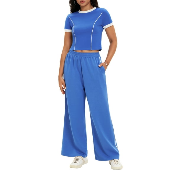 ATHLECHIC Women's 2 Piece Summer Short Sleeve Crew Neck Crop Tops Wide Leg Pants Sweatsuit Sets XL Royal Blue
