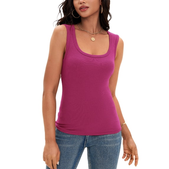 ATHLECHIC Women's Fitted Tank Top Ribbed Knit Scoop Neck Slim Fit Casual Top L Hot Pink