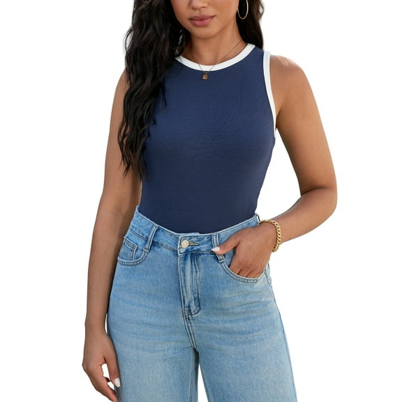 ATHLECHIC Women's Ribbed Summer Color Block Crew Neck Sleeveless Casual Shirts L Dark Blue White