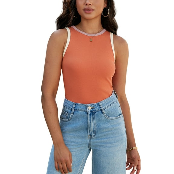 ATHLECHIC Women's Ribbed Summer Color Block Crew Neck Sleeveless Casual Shirts L Orange Pink Apricot