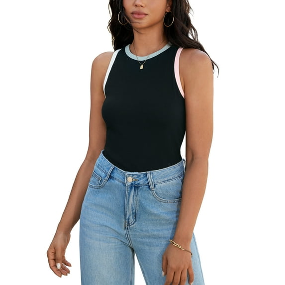 ATHLECHIC Women's Ribbed Summer Color Block Crew Neck Sleeveless Casual Shirts S Black Pink White