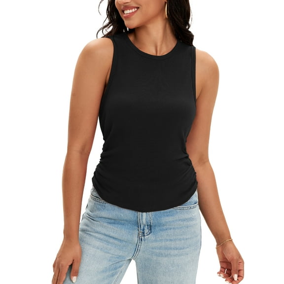 ATHLECHIC Women's Ruched Summer Ribbed Crew Neck Sleeveless Shirts L Black