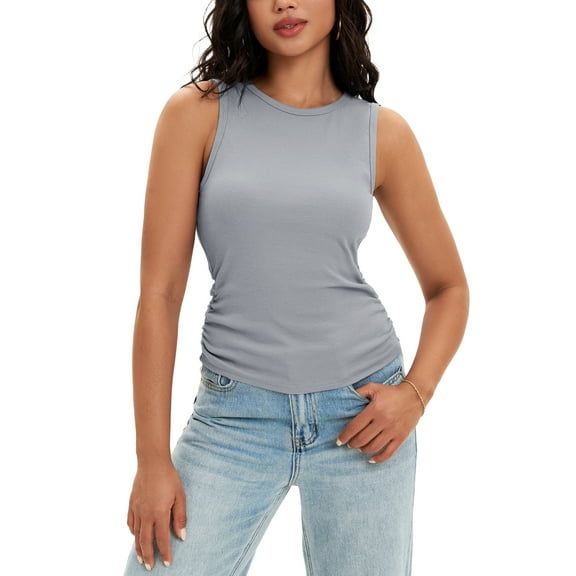 ATHLECHIC Women's Ruched Summer Ribbed Crew Neck Sleeveless Shirts M Gray