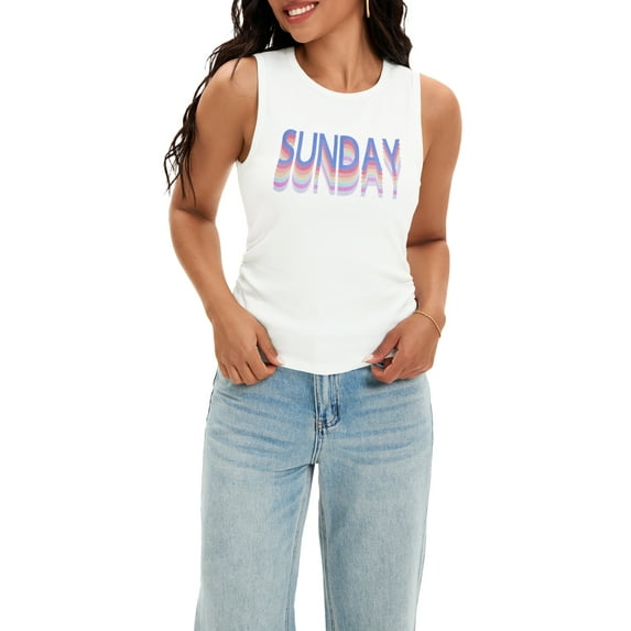 ATHLECHIC Women's Ruched Summer Ribbed Crew Neck Sleeveless Shirts M White Print