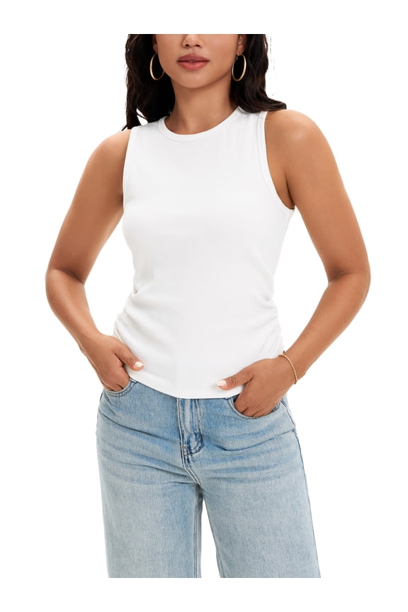 Women's Ruched Summer Ribbed Crew Neck Sleeveless Shirts S White