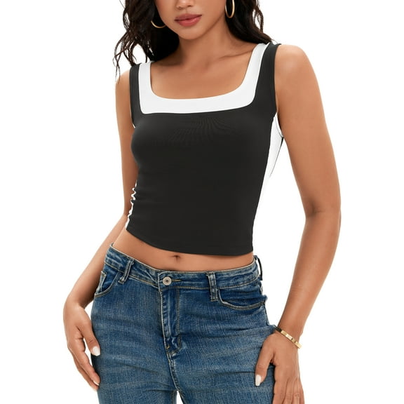 ATHLECHIC Women's Sleeveless Square Neck Summer Crop Color Block Tank Tops XS Black