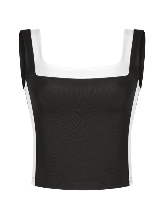ATHLECHIC Women's Slim Fitted Crop Tank Top Color Block Square Neck Sports Camisole for Summer 2XL Black