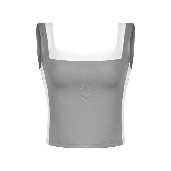 ATHLECHIC Women's Slim Fitted Crop Tank Top Color Block Square Neck Sports Camisole for Summer 2XL Gray