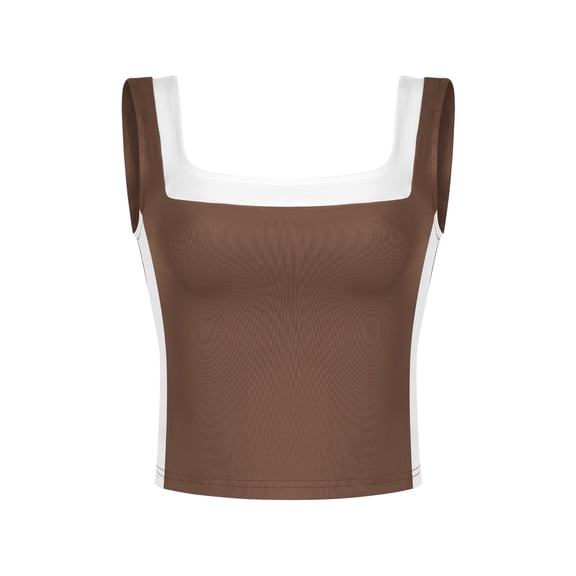 ATHLECHIC Women's Slim Fitted Crop Tank Top Color Block Square Neck Sports Camisole for Summer M Brown