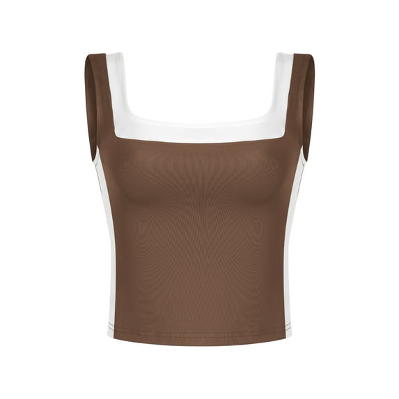 ATHLECHIC Women's Slim Fitted Crop Tank Top Color Block Square Neck Sports Camisole for Summer S Brown