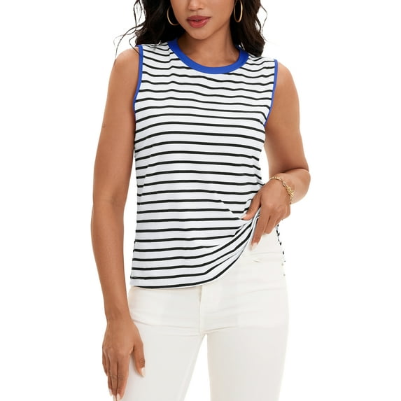 ATHLECHIC Women's Tank Top Striped Color Block Side Slits Crew Neck Summer Sleeveless Tops M White Blue