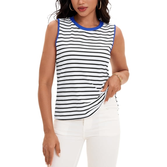 ATHLECHIC Women's Tank Top Striped Color Block Side Slits Crew Neck Summer Sleeveless Tops S White Blue