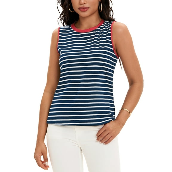 ATHLECHIC Women's Tank Top Striped Color Block Side Slits Crew Neck Summer Sleeveless Tops XL Dark Blue Red