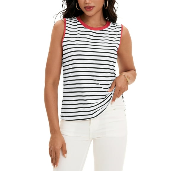 ATHLECHIC Women's Tank Top Striped Color Block Side Slits Crew Neck Summer Sleeveless Tops XL White Red