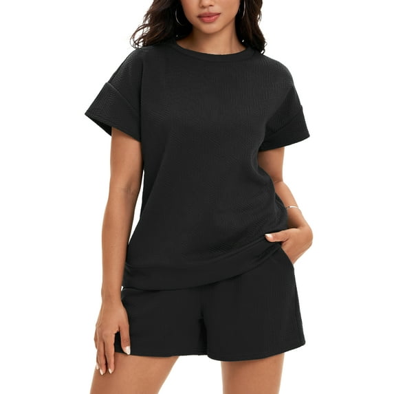 ATHLECHIC Women's Summer 2 Piece Short Sleeve Tops Shorts Pants Lounge Sets L Black